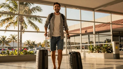 Man arriving at Latin American airport for first meeting trip