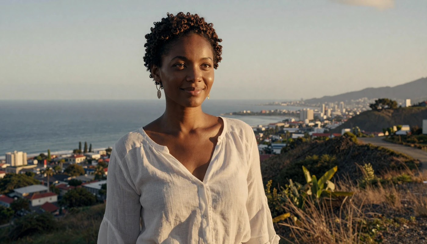 Beautiful Haitian woman smiling at golden hour overlooking Port-au-Prince for Haitian women dating