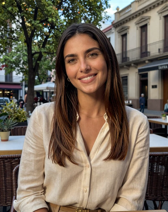 Elegant Argentine woman enjoying afternoon coffee at a Buenos Aires Palermo cafe, representing Argentinian singles dating culture