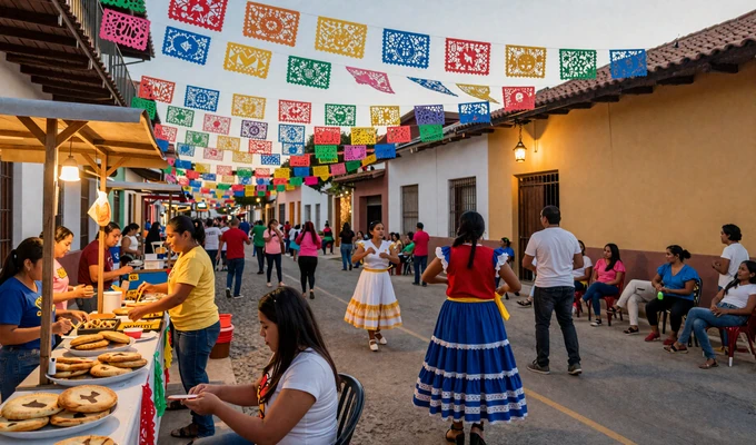 A vibrant Salvadoran street festival with families enjoying pupusas and traditional music, reflecting the communal dating culture of El Salvador