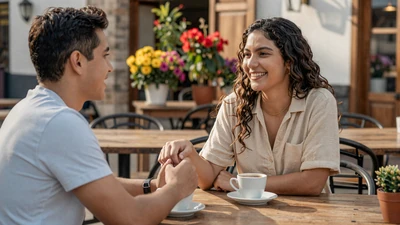 Happy couple at an outdoor Latin cafe - dating guide